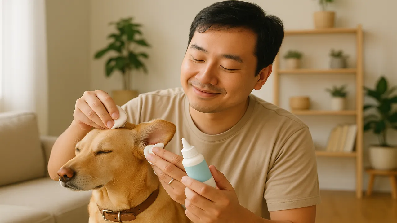 membersihkan telinga anjing